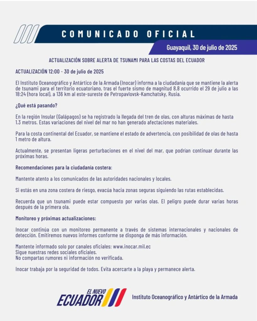 El Inocar informa que se mantiene la alerta de tsunami para el Ecuador tras el fuerte sismo de magnitud 8.8 ocurrido en Rusia. En la región Insular ya se han registrado olas de hasta 1.3 metros, mientras que para la costa continental se prevén alturas de hasta 1 metro. #Inocar #ArmadaEcuador #RadioNaval #SoyNaval #Tsunami #Galápagos #Ecuador #terremoto #Rusia #costas #olas Fuente: Instituto Oceanográfico y Antártico de la Armada